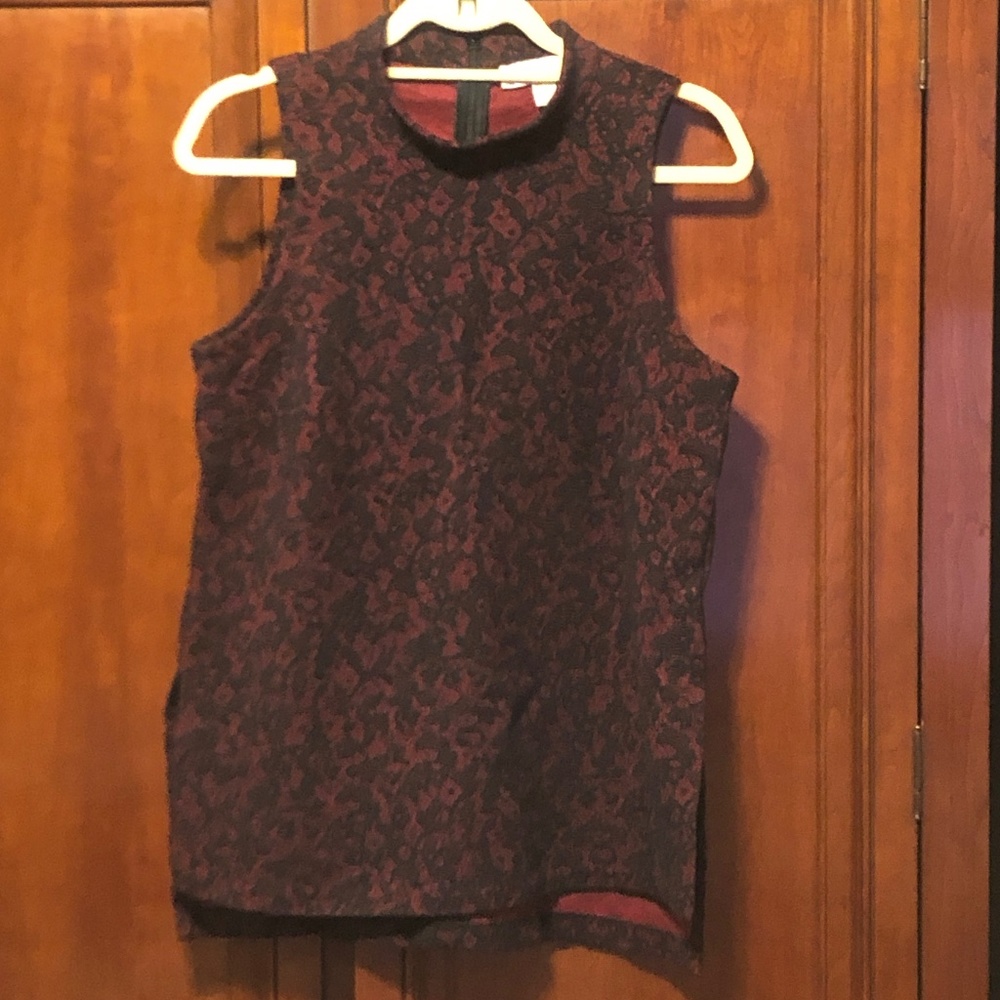 Michael Kors Sleeveless Red Black Lace Print Mock Neck Top